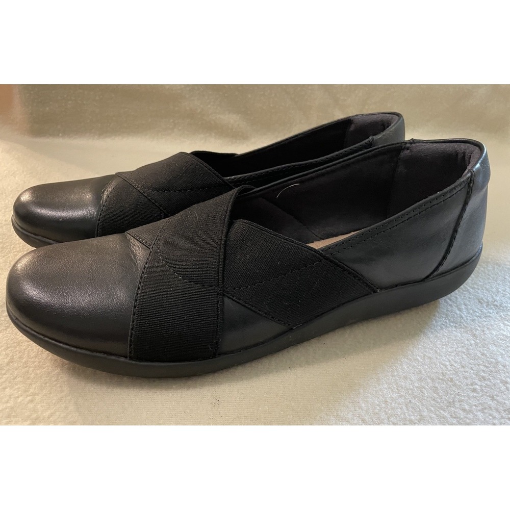Clarks Womens Medora Jem Flats Size 8 Black Leather Slip On Comfort Shoe Loafer